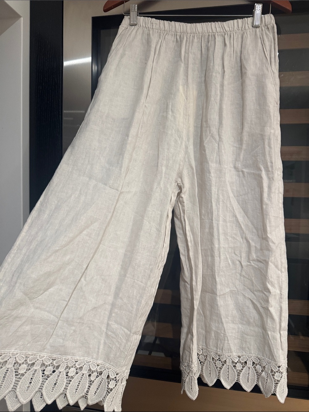 Terzo Millennio Pure Linen Wide Leg Pants Lace Hem Sand Beige Size  L NWT - Picture 3 of 6